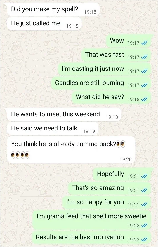client messages showing ex partner reaching out shortly after love spell