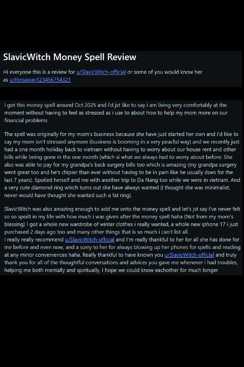 detailed client review describing financial improvement and reduced stress after money spell