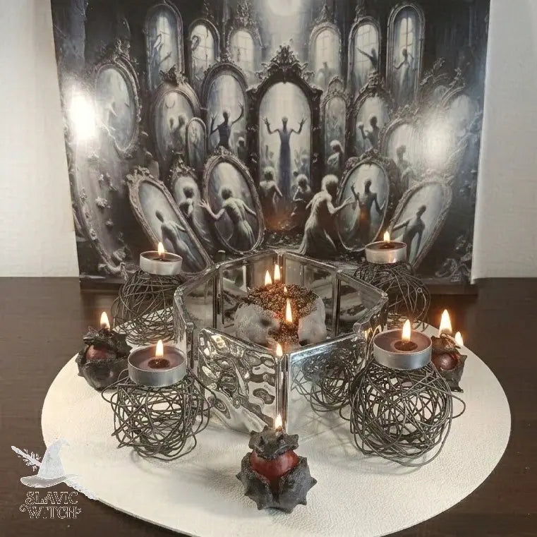 Dark mirror barrier ritual setup with candles on a white plate, used in the Narc Break narcissist curse by Slavic Witch