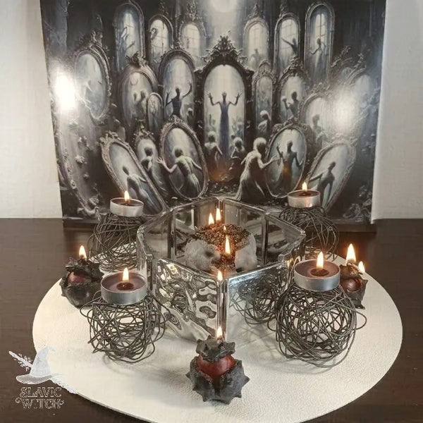 Dark mirror barrier ritual setup with candles on a white plate, used in the Narc Break narcissist curse by Slavic Witch