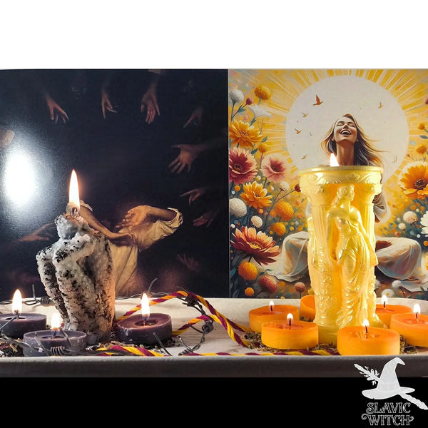 Melted figure candle and golden goddess candle with orange candles, used in the Peasant Outcast Curse vampiric transfer spell by Slavic Witch