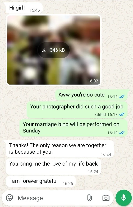 client testimonial about reconciliation spell bringing couple back together and leading to commitment